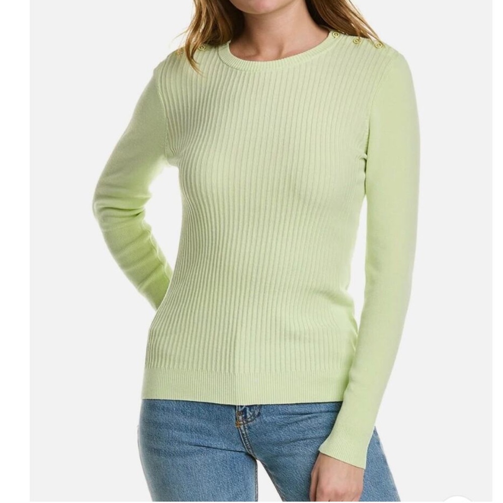 J McLaughlin Ribbed Knit Pistachio Green Sweater w Gold Shoulder Buttons XS